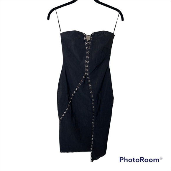 NWT BEC + BRIDGE Black Lace Up Corset Strapless Asymmetrical Midi Dress Size 2 - Picture 5 of 10